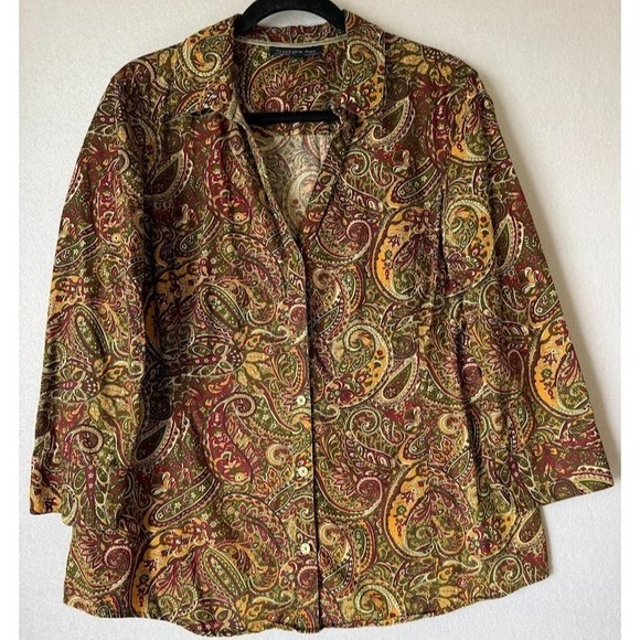Jones New York Tops - Jones New York Shirt Women XL Fall Colors Paisley Multicolor Cotton Boho V Neck